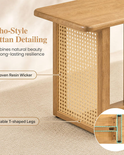 GIANTEX 55" Boho Rattan Dining Bench with Rubber Wood Frame (1/2)