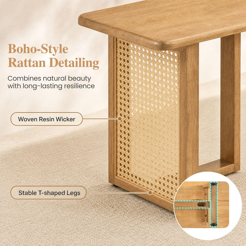 GIANTEX 55" Boho Rattan Dining Bench with Rubber Wood Frame (1/2)