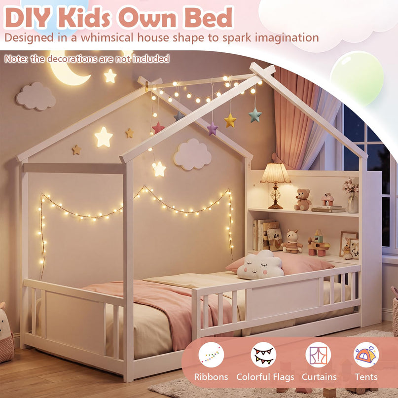 GIANTEX Twin Montessori Floor Bed with Storage Bookshelf & Safety Guardrail