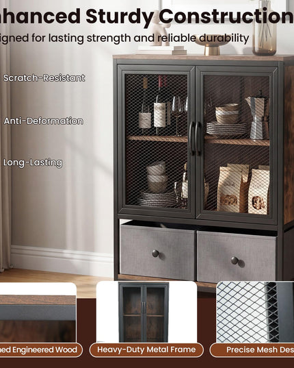 Giantex Industrial Coffee Bar Cabinet with Adjustable Shelves & 2 Removable Cloth Drawers