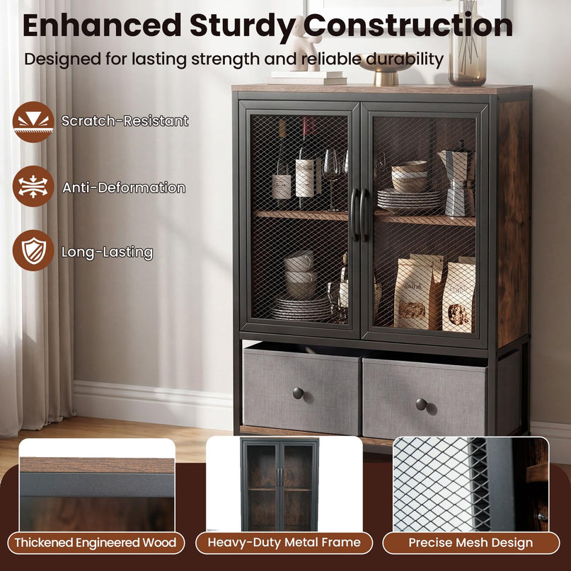 Giantex Industrial Coffee Bar Cabinet with Adjustable Shelves & 2 Removable Cloth Drawers