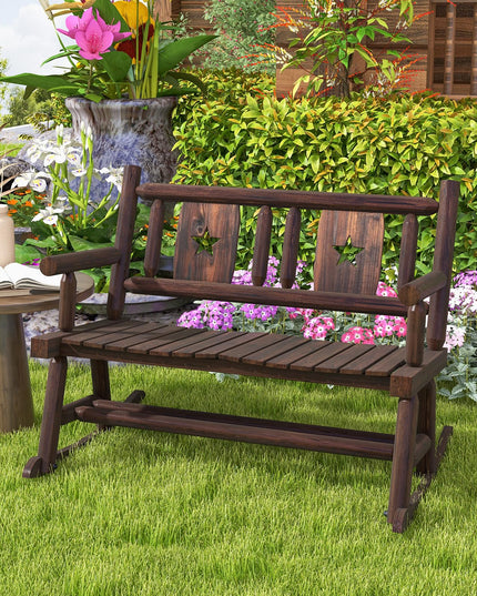 Giantex Outdoor Rocking Bench, Patio Loveseat Rocker for 2 w/Ergonomic Back & Log Arms, Carbonized Fir Wood Frame
