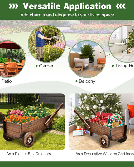 Giantex Wooden Wagon Planter Box, Decorative Wagon Cart with Wheels, Handles