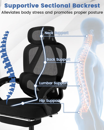 Giantex Ergonomic Desk Chair with Retractable Footrest 135° Tilting Backrest & Lumbar Support