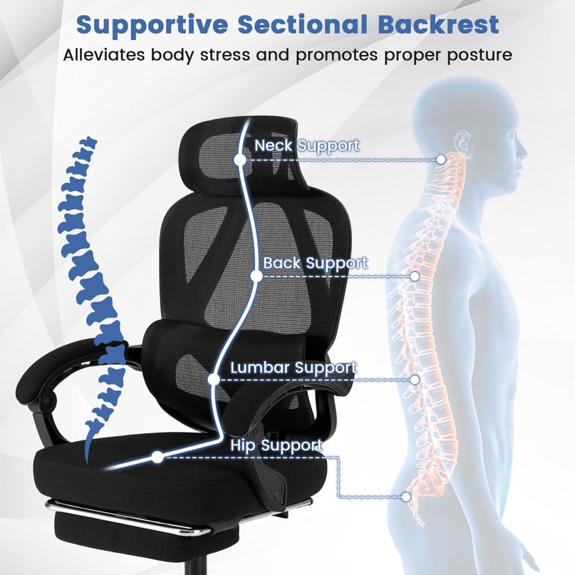 Giantex Ergonomic Desk Chair with Retractable Footrest 135° Tilting Backrest & Lumbar Support