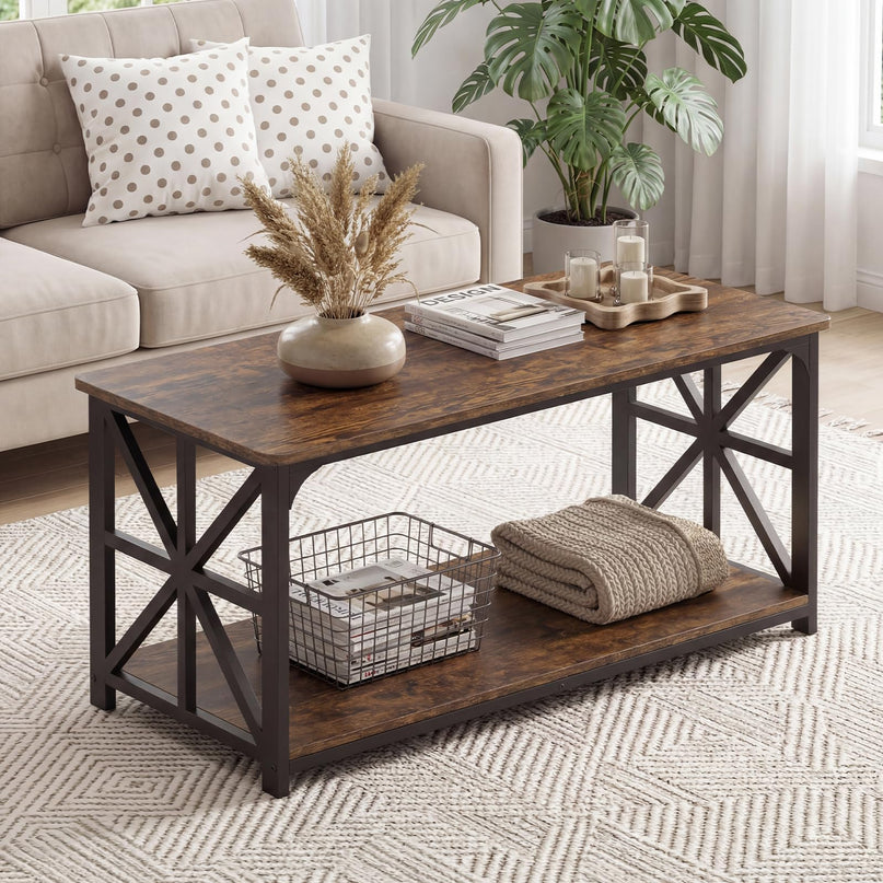 Giantex Farmhouse Coffee Table | 43" Center Table with Storage & X-Shaped Frames