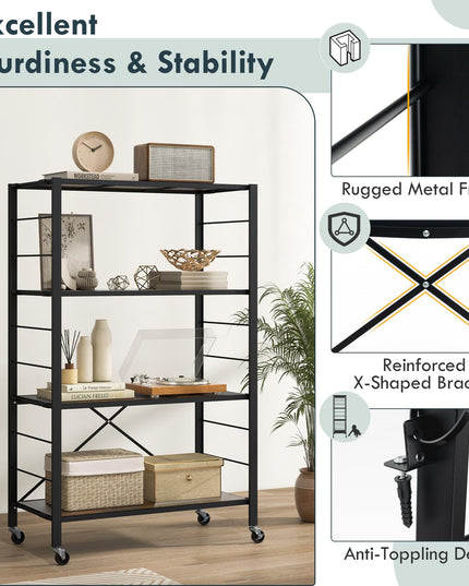 Giantex 4-Tier Folding Storage Shelf, Collapsible Shelving Unit w/Lockable Wheels & Adjustable Shelf
