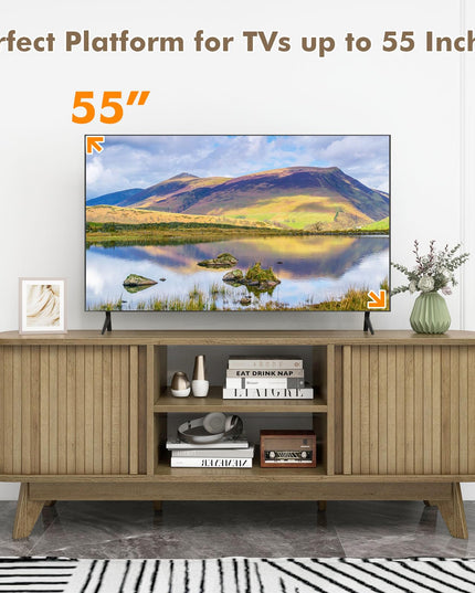 Giantex TV Stand for 55-Inch TV, Entertainment Center with Dual Sliding Doors, Enclosed Cabinets, Adjustable Shelf