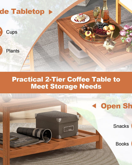 Giantex Hardwood Patio Coffee Table - 2-Tier Wooden Coffee Table