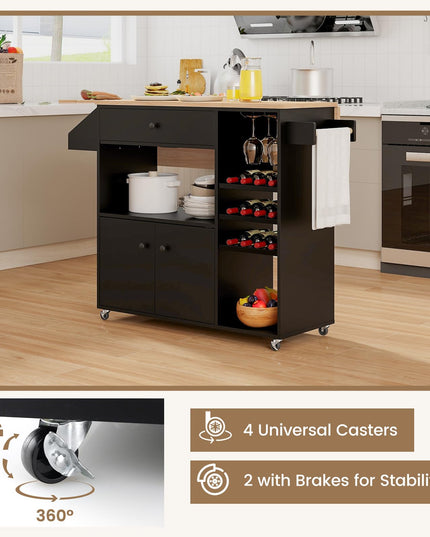 Giantex Rolling Kitchen Island Cart with Drop Leaf, Power Outlet, Spice Rack, 12 Wine Rack