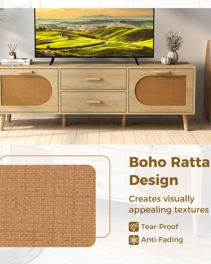 Giantex Rattan TV Stand for TVs up to 65 Inch, 59" TV Console Cabinet with Drawers & Solid Wood Legs