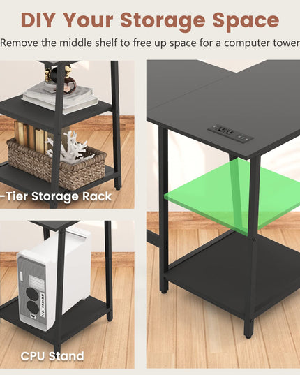 Giantex L Shaped Desk with Power Outlets & USB Ports, 48" Corner Gaming Desk with 2 Tier Storage Shelves