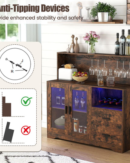GIANTEX Wine Bar Cabinet with LED Lights & Charging Station