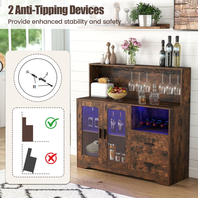 GIANTEX Wine Bar Cabinet with LED Lights & Charging Station