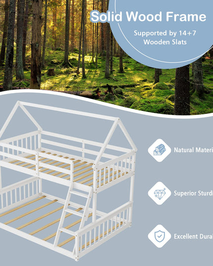 Giantex Twin Over Full House Bunk Bed, Floor Low Bunk Bed Frame w/Integrated Ladder & Safety Guardrails