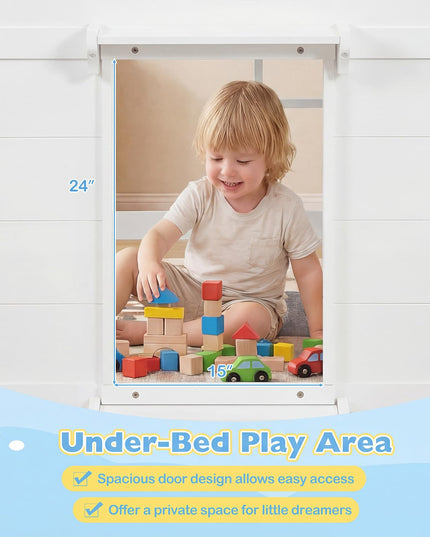 Giantex Loft Bed Twin Size with LED Lights with Under-Bed Play Space & Storage Bookcase