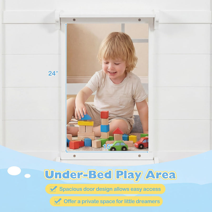 Giantex Loft Bed Twin Size with LED Lights with Under-Bed Play Space & Storage Bookcase