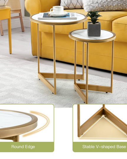 Giantex Round Nesting Table Set of 2, Modern Marble Texture Coffee Tables