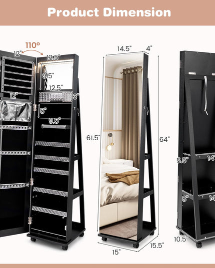 CHARMAID Jewelry Cabinet Armoire with Wheels, 64" Full Length Mirror with Jewelry Storage