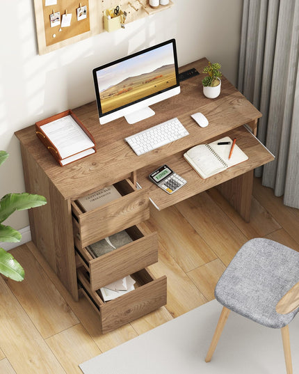 Giantex Computer Desk with Power Outlet, Modern Office Desk with Keyboard Tray & 3 Large Drawers