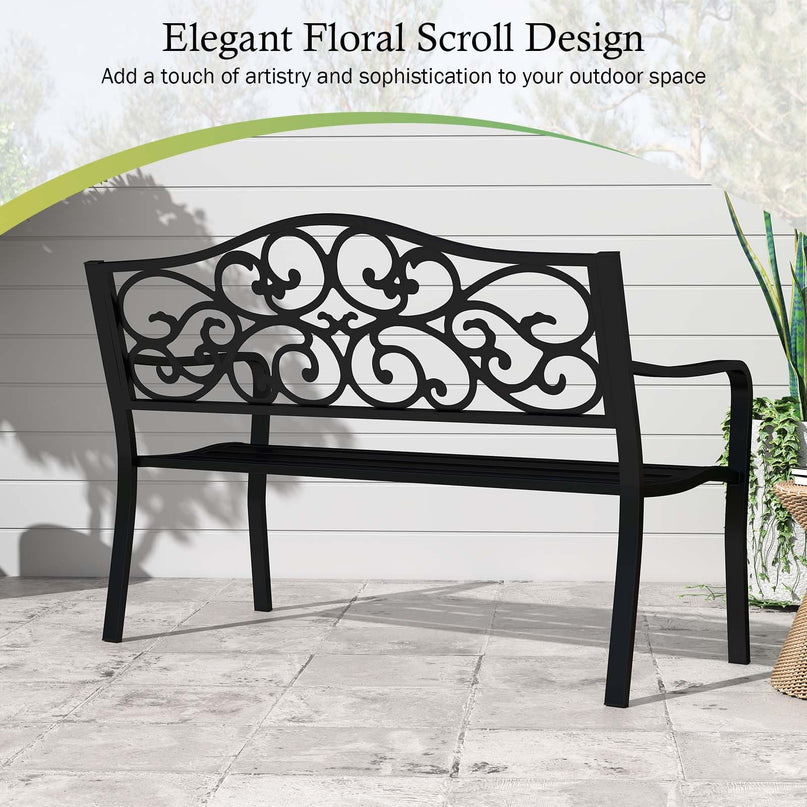 Giantex Outdoor Bench with Floral Pattern Ergonomic Backrest & Slatted Surface