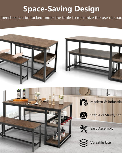 Giantex 3-Piece Dining Table Set for 4, Rustic Kitchen Dinner Table with 2 Benches