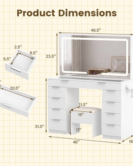 CHARMAID 56'' Vanity Desk with Lighted Mirror Glass Top Charging Station