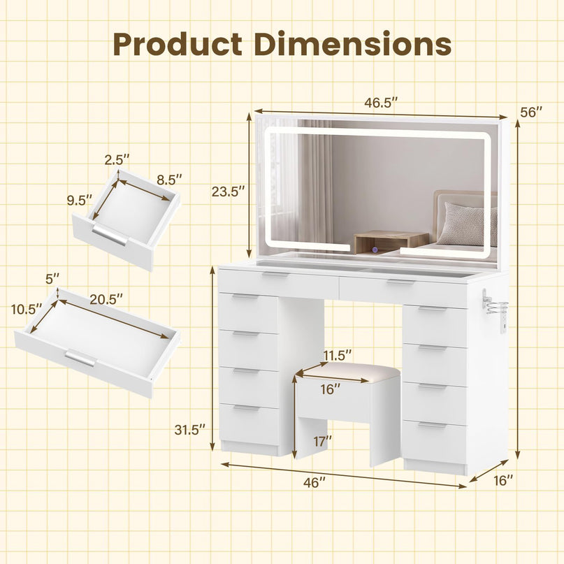 CHARMAID 56'' Vanity Desk with Lighted Mirror Glass Top Charging Station