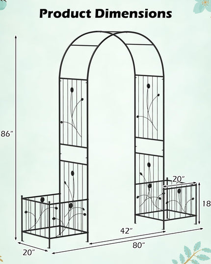 Giantex Garden Arch Trellis with Planters, 86'' Metal Arbor Pergola for Climbing Plants Rose Clematis Vines