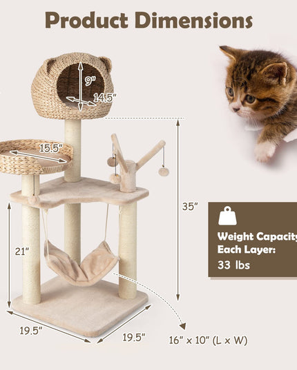 Giantex Wooden Cat Tree, 48 inches Cat Tower with Cattail Condo, Cat Bed, Hammock, Rotatable Jingling Balls