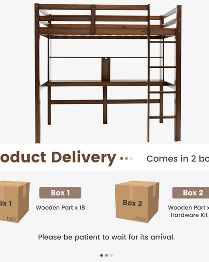 Giantex Twin Loft Bed with Desk and Bookshelf, Wooden Bed Frame with Safety Guardrail & Ladder