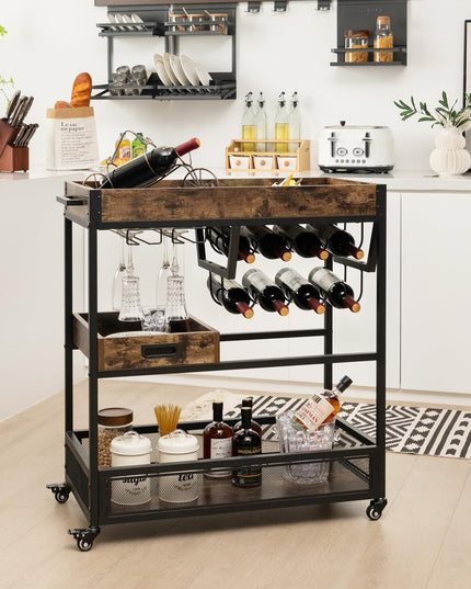 Giantex Rolling Bar Cart, 3-Tier Industrial Buffet Serving Cart with Wine Rack, Stemware Rack & Removable Tray