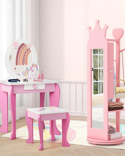 CHARMAID Kids Mirror Jewelry Cabinet - 360° Swivel Jewelry Armoire with Full Length Mirror