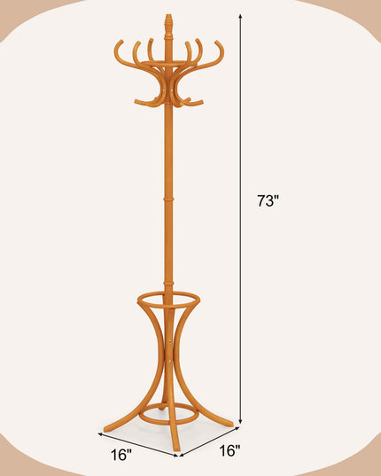 Giantex Solid Wood Coat Rack, Freestanding Hall Tree w/12 Hooks, Umbrella Holder, Entryway Hanger Stand for Coat