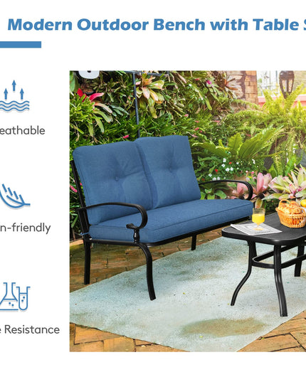 Giantex 2 Pcs Patio Loveseat with Coffee Table Outdoor Bench with Cushion and Metal Frame