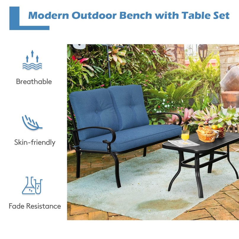 Giantex 2 Pcs Patio Loveseat with Coffee Table Outdoor Bench with Cushion and Metal Frame