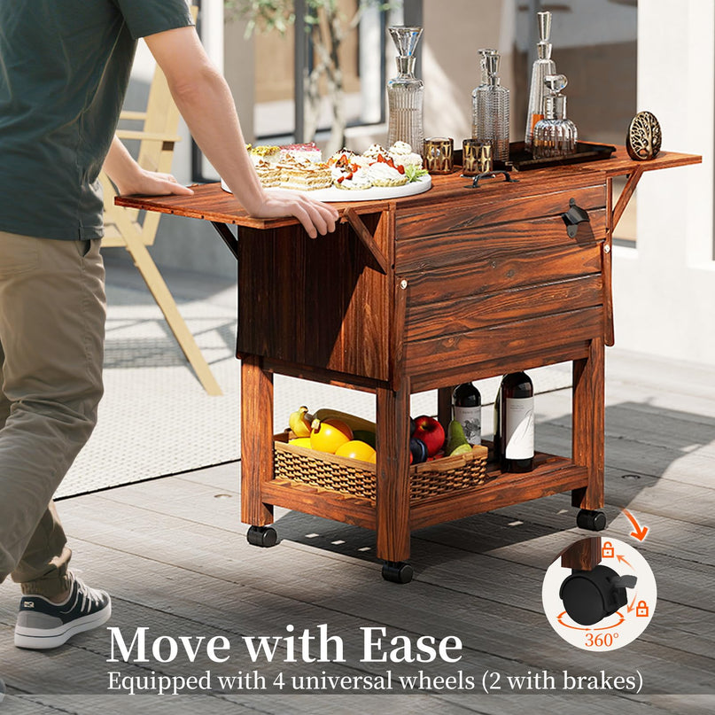 Giantex 54QT Wooden Patio Cooler Cart with Wheels Insulated Rolling Ice Chest with Drain