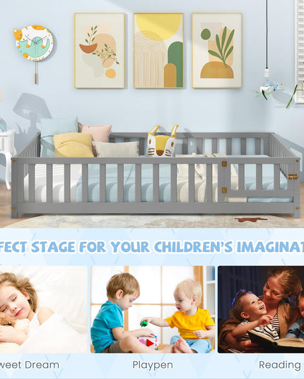 Giantex Full Size Floor Bed for Kids, Montessori Floor Bed with Wood Slats & Safety Guardrails