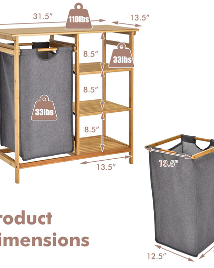 Freestanding Laundry Organizer w/ Removable Sliding Bag & 3-Tier Open Shelves