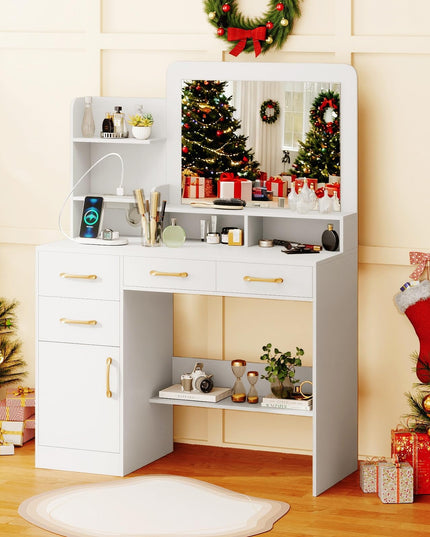 CHARMAID White Makeup Vanity Desk with Mirror & Charging Station