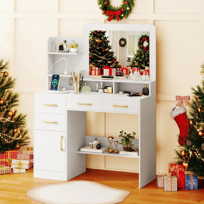 CHARMAID White Makeup Vanity Desk with Mirror & Charging Station