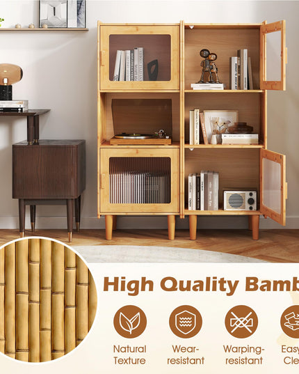 Giantex Bamboo Storage Cabinet, 3-Cube Bookcase, Freestanding Liquor Display Sideboard with 2 Single Doors