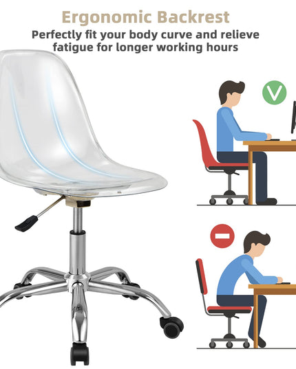 Giantex Clear Desk Chair, Acrylic Armless Office Rolling Chair, Height Adjustable Leisure Ghost Chair