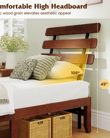 Giantex Mid-Century Modern Solid Wood Platform Bed with Wooden Slats Support & Retro Headboard