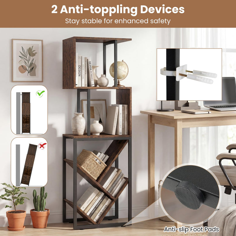 Giantex 6-Tier Industrial S-Shaped Geometric Bookcase with Open Display Shelves