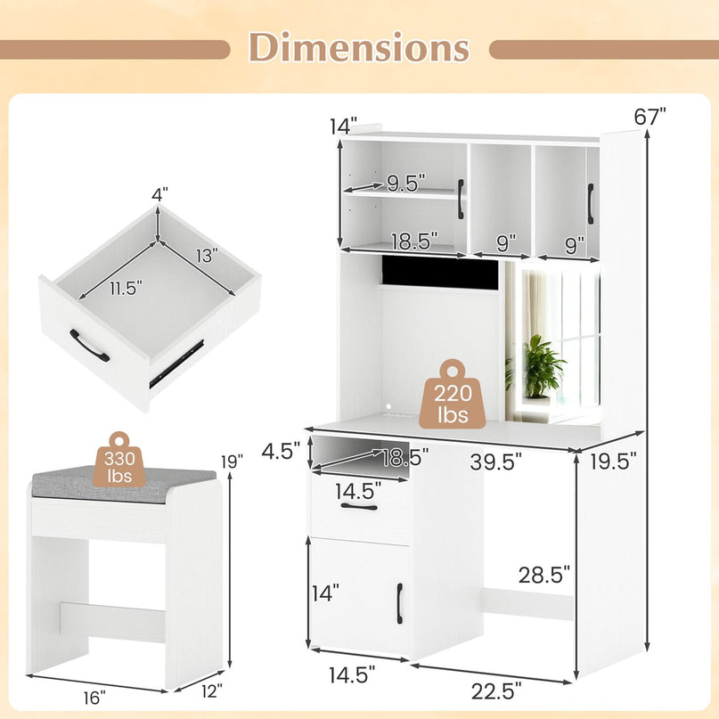 Coiffeuse LED de 67 pouces avec miroir éclairé pour chambre à coucher