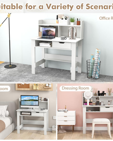 Giantex White Computer Desk with Hutch, Home Office Desk with Power Outlets, USB Ports