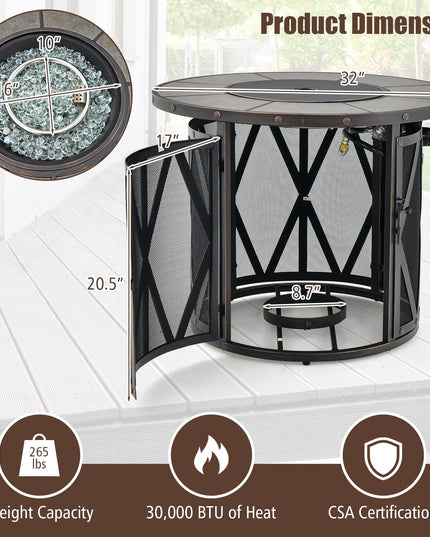 Giantex 32" Gas Fire Pit Table - 30,000 BTU Round Outdoor Fire Pit with Lid, PVC Cover, Glass Stones, Black