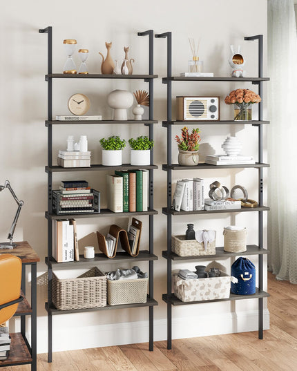 Giantex 6-Tier Ladder Shelf, 72" Wall Mounted Bookshelf with Metal Frame, Industrial Open Storage Shelves