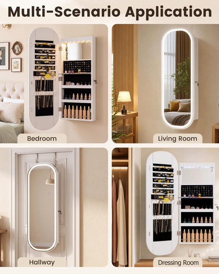CHARMAID Wall Mount & Over the Door LED Full Length Mirror Jewelry Cabinet
